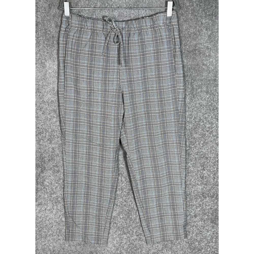 C By One Drawstring Pants Womens Sz Small Petite Blue Black Tan Plaid Pockets